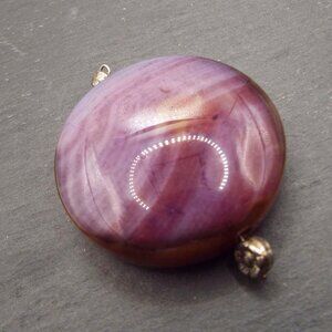 PURPLE BANDED AGATE LARGE BEVELED EDGE ROUND STERLING PENDANT 14